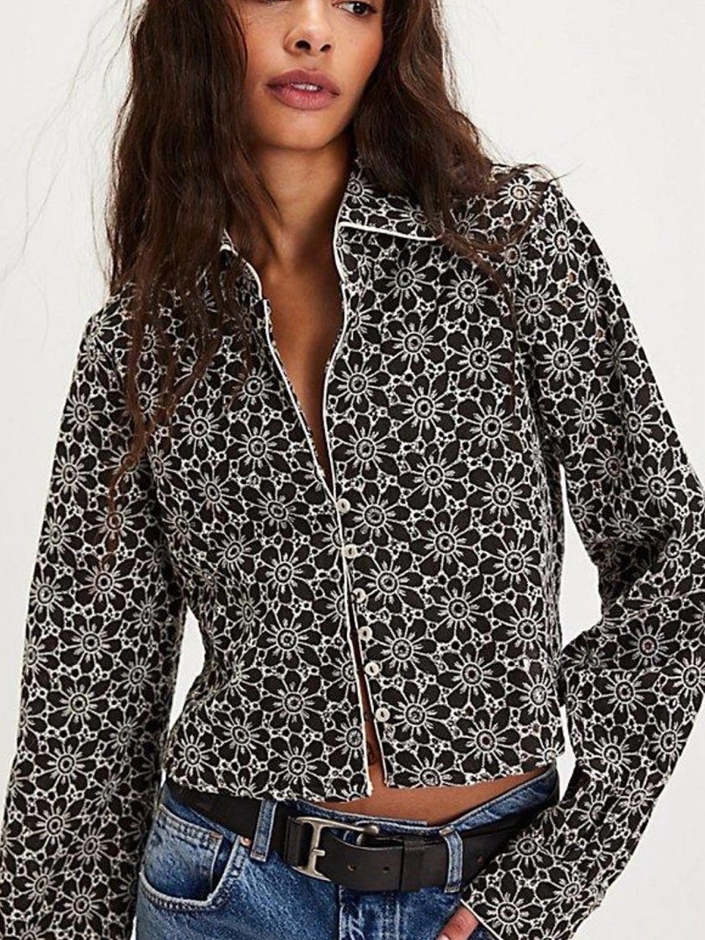 Free People Black and White Eyelet Lace Button-Up Top. Dream a little dream top